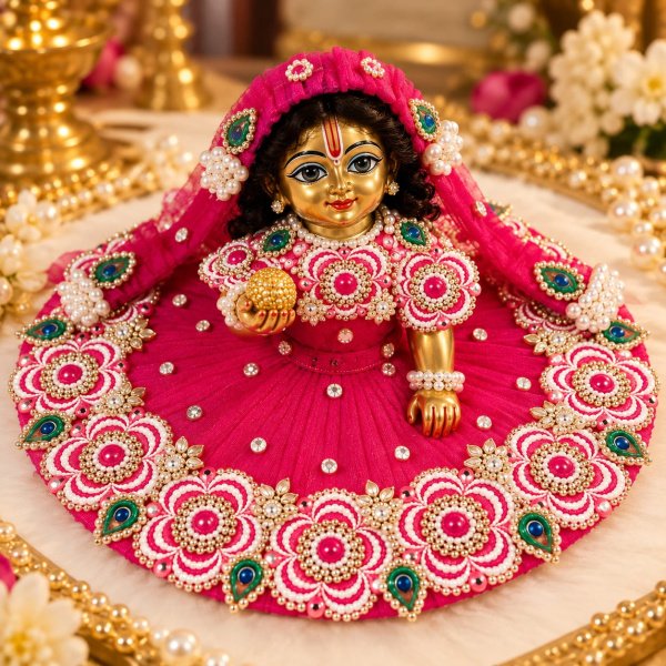 Royal Pink Peacock Pearl Ladoo Gopal Dress Set